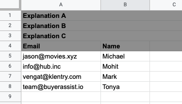 Example spreadsheet with header rows